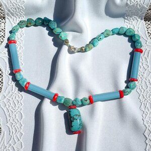 Vintage Native American Turquoise & Coral Beaded Necklace W Center Stone Pendant